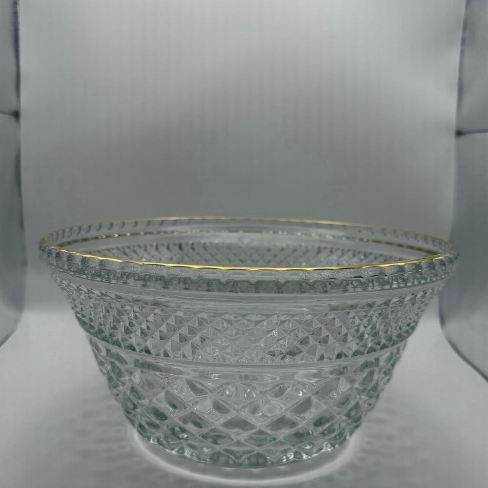 Vintage Clear Cut Glass Salad Fruit Serving Bowl Gold Rim Diamond Point 9.5"